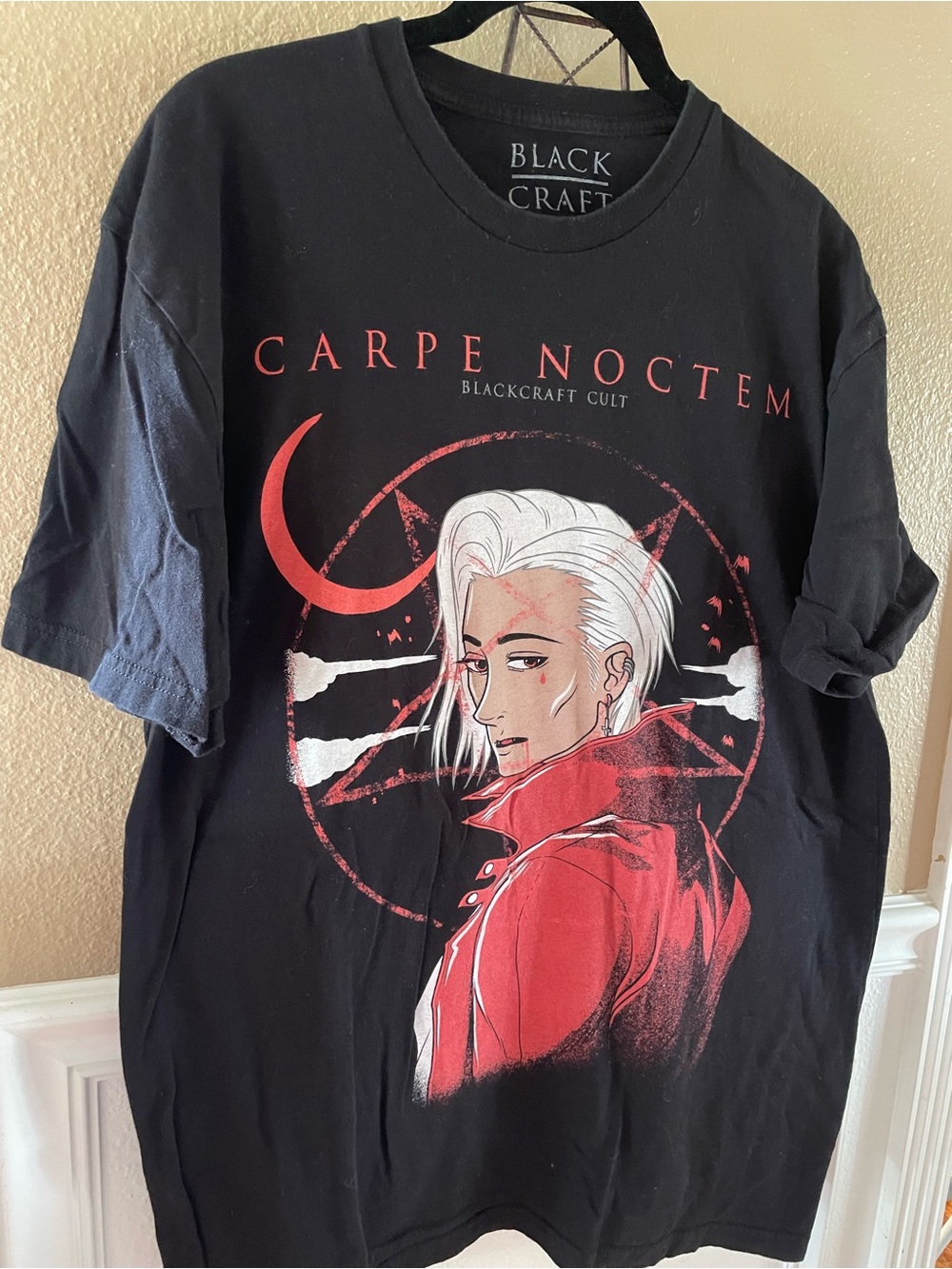 'Carpe Noctem' Black Craft Graphic Tee - Black with Red Accents